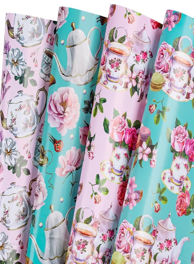 WRAPAHOLIC Tea Party Wrapping Paper Sheet - 8 Sheets Elegant Teapot and Pink Floral Wrapping Paper Folded Flat for Tea Party, Birthday, Wedding, Bridal Shower - 19.7 Inch x 27.5 Inch Per Sheet - Image 1